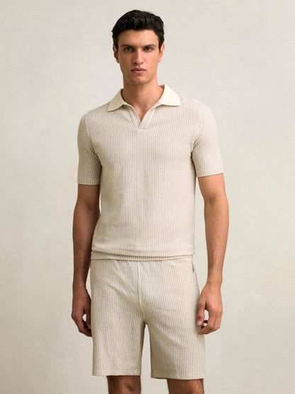 Reiss Cotton-Blend Stripe Drawstring Shorts in Ecru/Taupe Brown