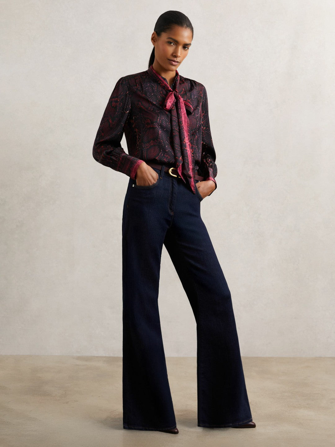 Reiss Snake-Print Tie-Neck Blouse in Burgundy