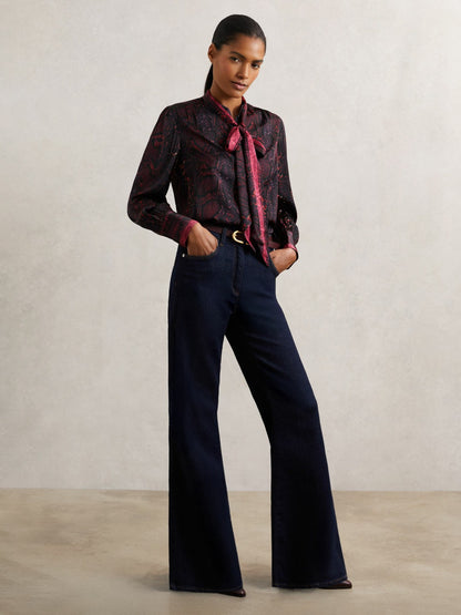 Reiss Snake-Print Tie-Neck Blouse in Burgundy