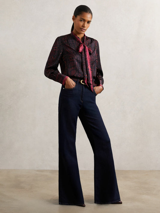 Reiss Snake-Print Tie-Neck Blouse in Burgundy