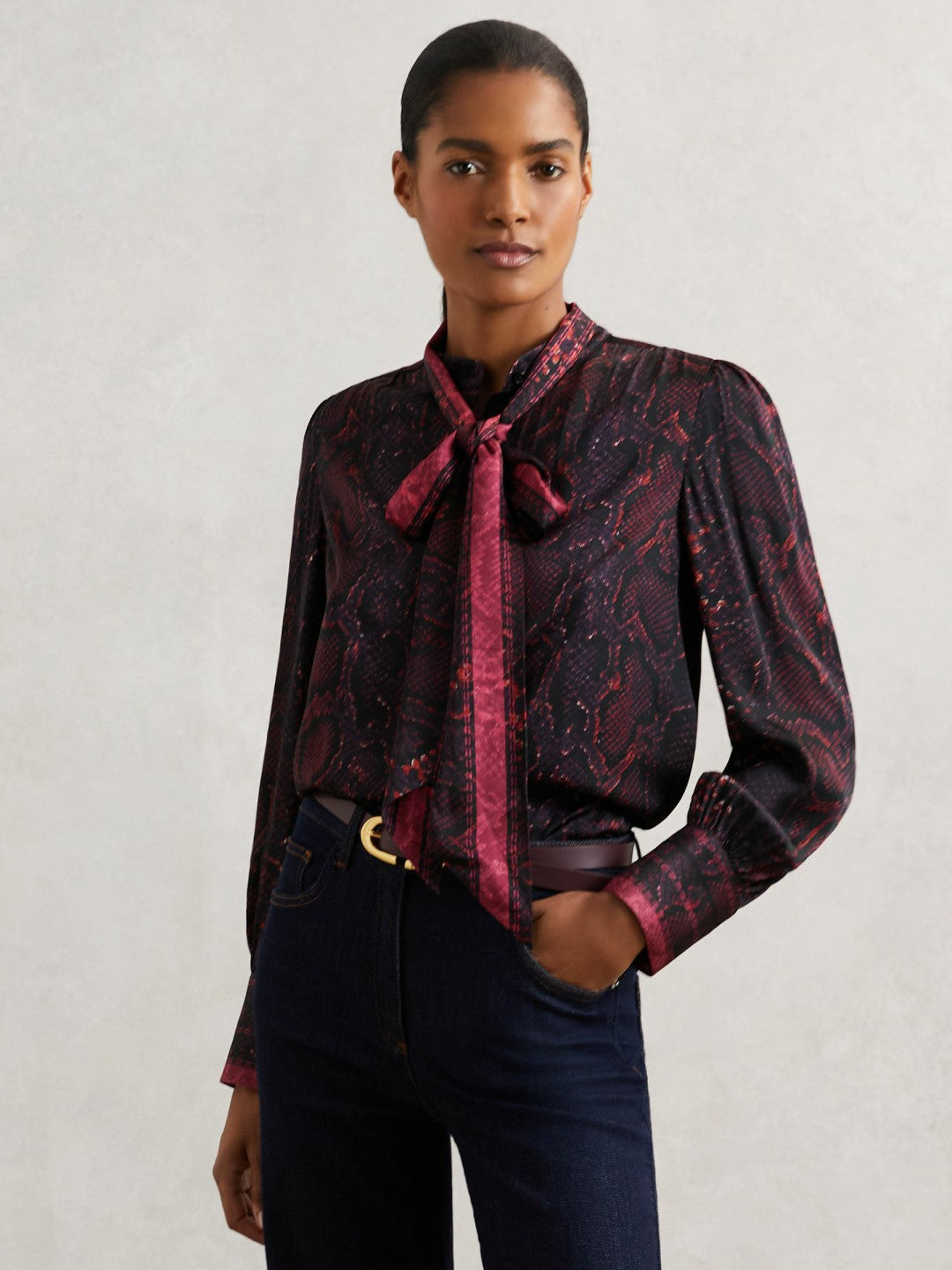 Reiss Snake-Print Tie-Neck Blouse in Burgundy