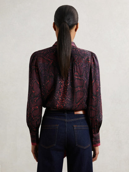 Reiss Snake-Print Tie-Neck Blouse in Burgundy