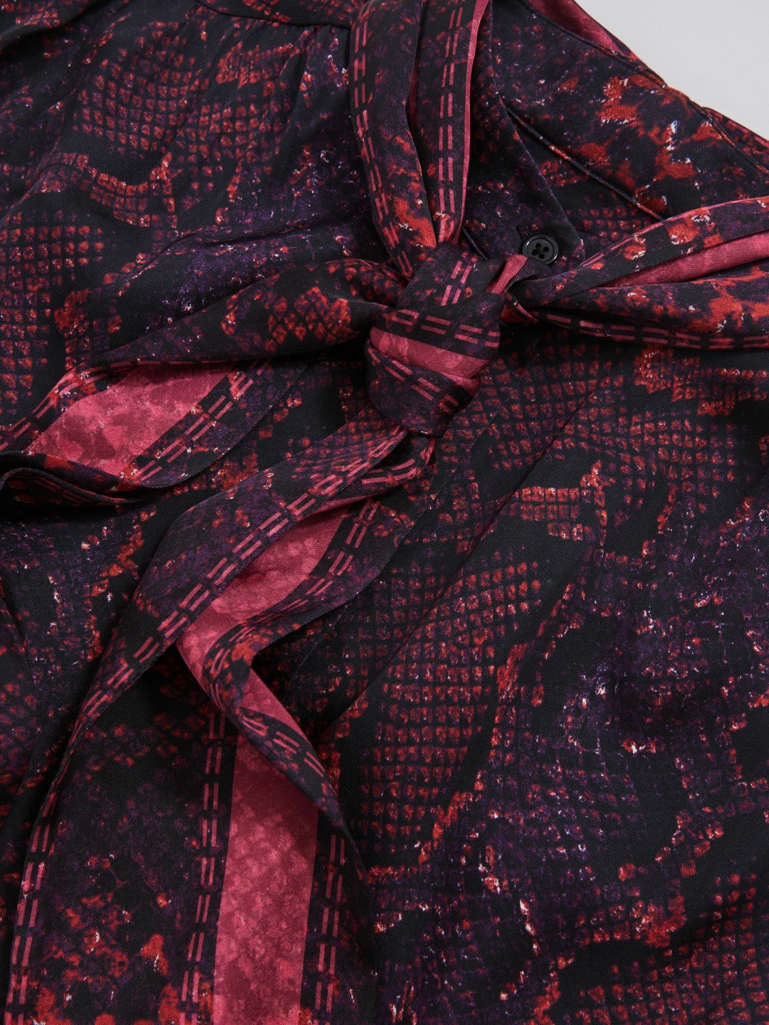 Reiss Snake-Print Tie-Neck Blouse in Burgundy