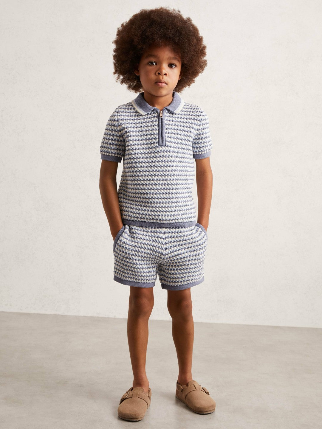 Reiss 13-14 yrs Knitted Stripe Half-Zip Polo Shirt in Blue/White