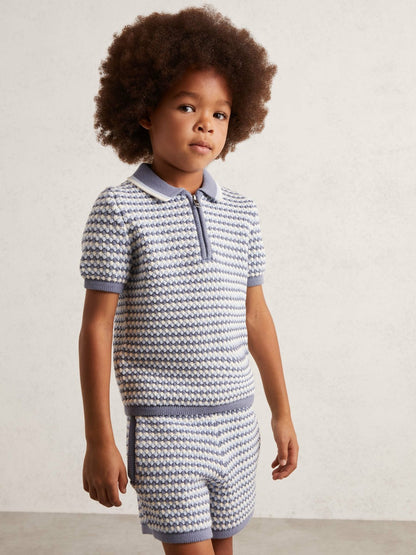 Reiss 13-14 yrs Knitted Stripe Half-Zip Polo Shirt in Blue/White