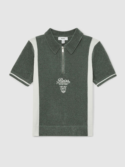 Reiss 13-14 yrs Chenille Tipped Motor Cars Polo Shirt in Dark Sage Green/White