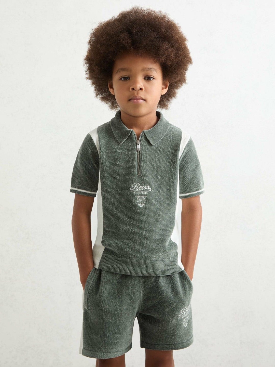 Reiss 13-14 yrs Chenille Tipped Motor Cars Polo Shirt in Dark Sage Green/White