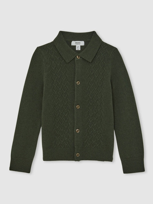 Reiss 13-14 yrs Wool V-Stitch Button-Through Cardigan in Forest Green