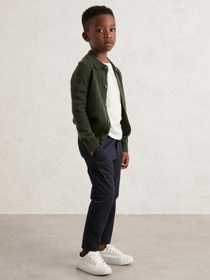 Reiss 13-14 yrs Wool V-Stitch Button-Through Cardigan in Forest Green