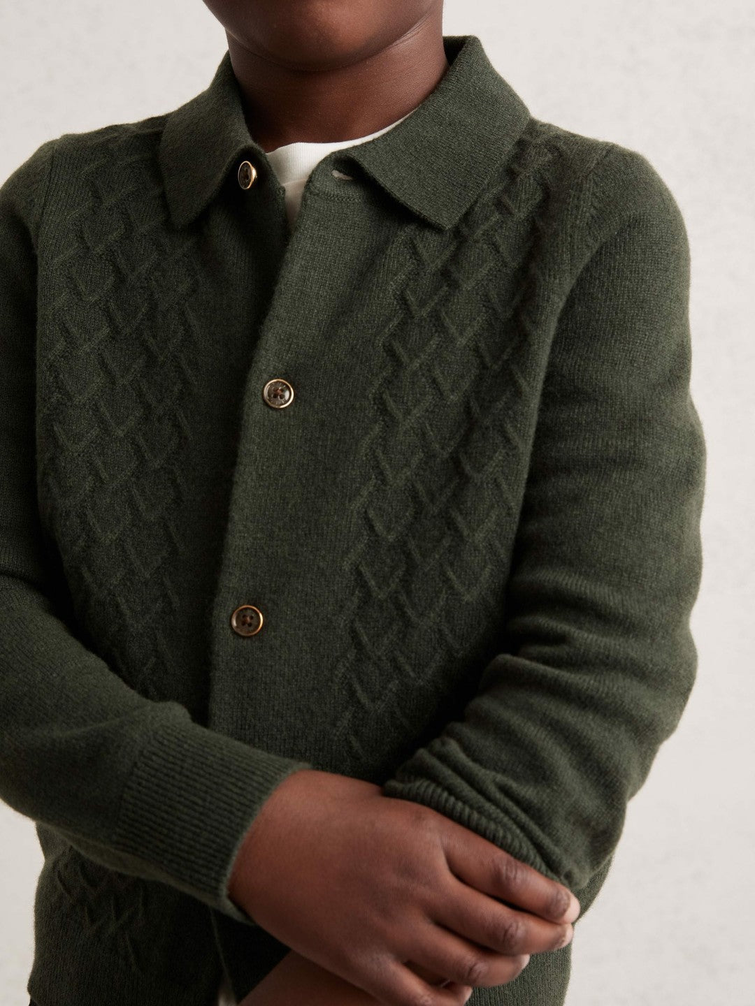 Reiss 13-14 yrs Wool V-Stitch Button-Through Cardigan in Forest Green