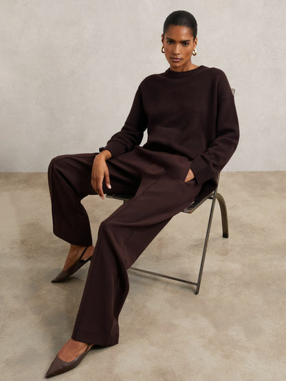 Reiss Petite Wide Leg Elasticated Waist Trousers in Burgundy