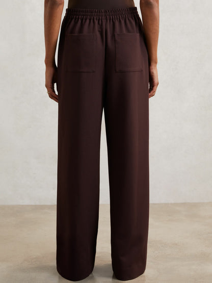 Reiss Petite Wide Leg Elasticated Waist Trousers in Burgundy