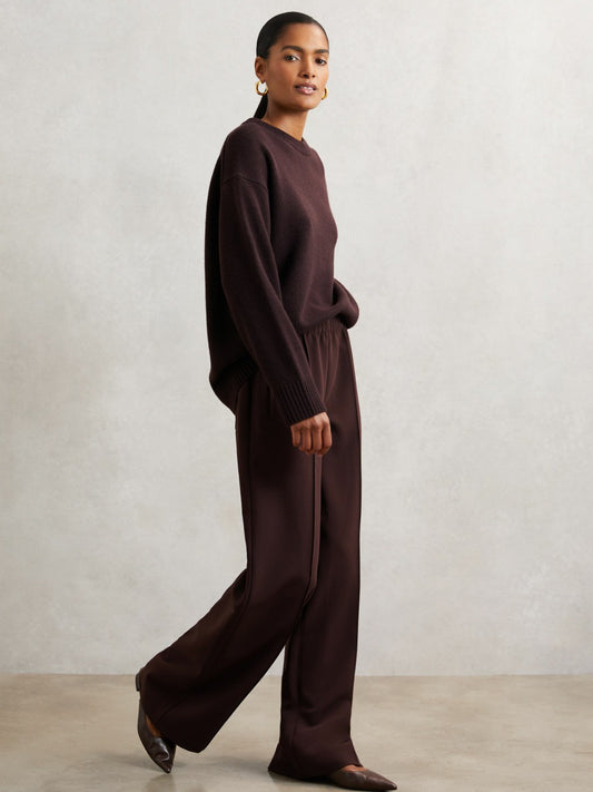 Reiss Wide Leg Elasticated Waist Trousers in Burgundy