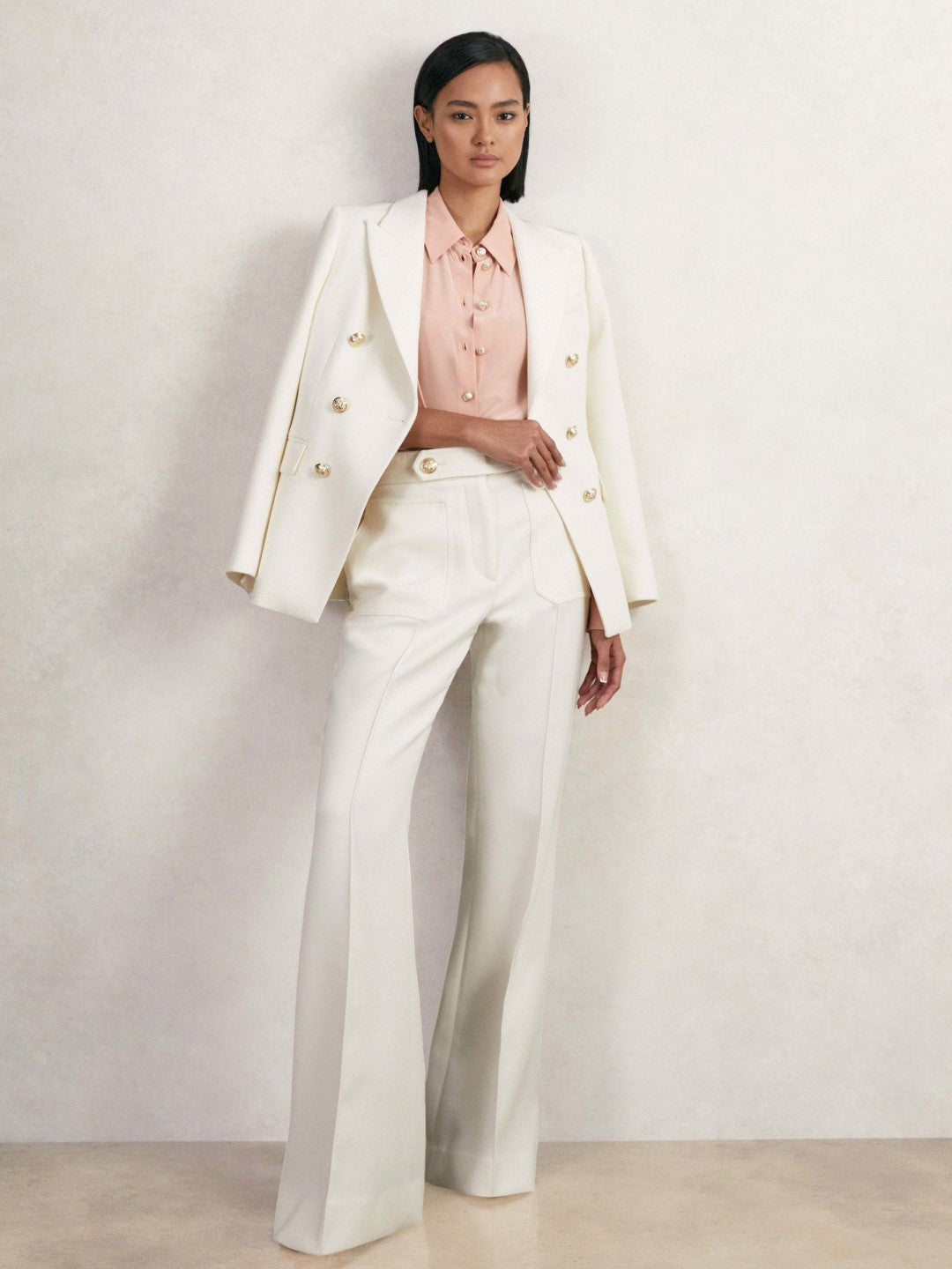 Reiss Petite Double-Breasted Twill Suit Blazer With Wool in White