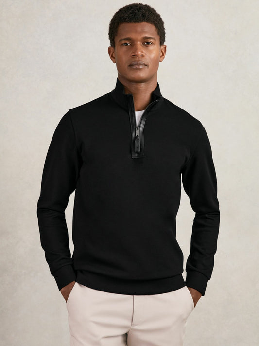 Reiss Leather-Placket Interlock Sweatshirt in Black