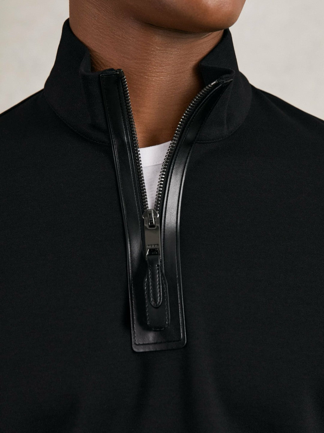 Reiss Leather-Placket Interlock Sweatshirt in Black