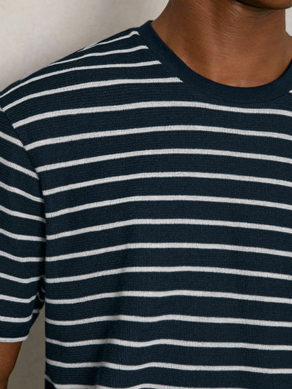 Reiss Cotton Textured Stripe T-Shirt in White/Navy