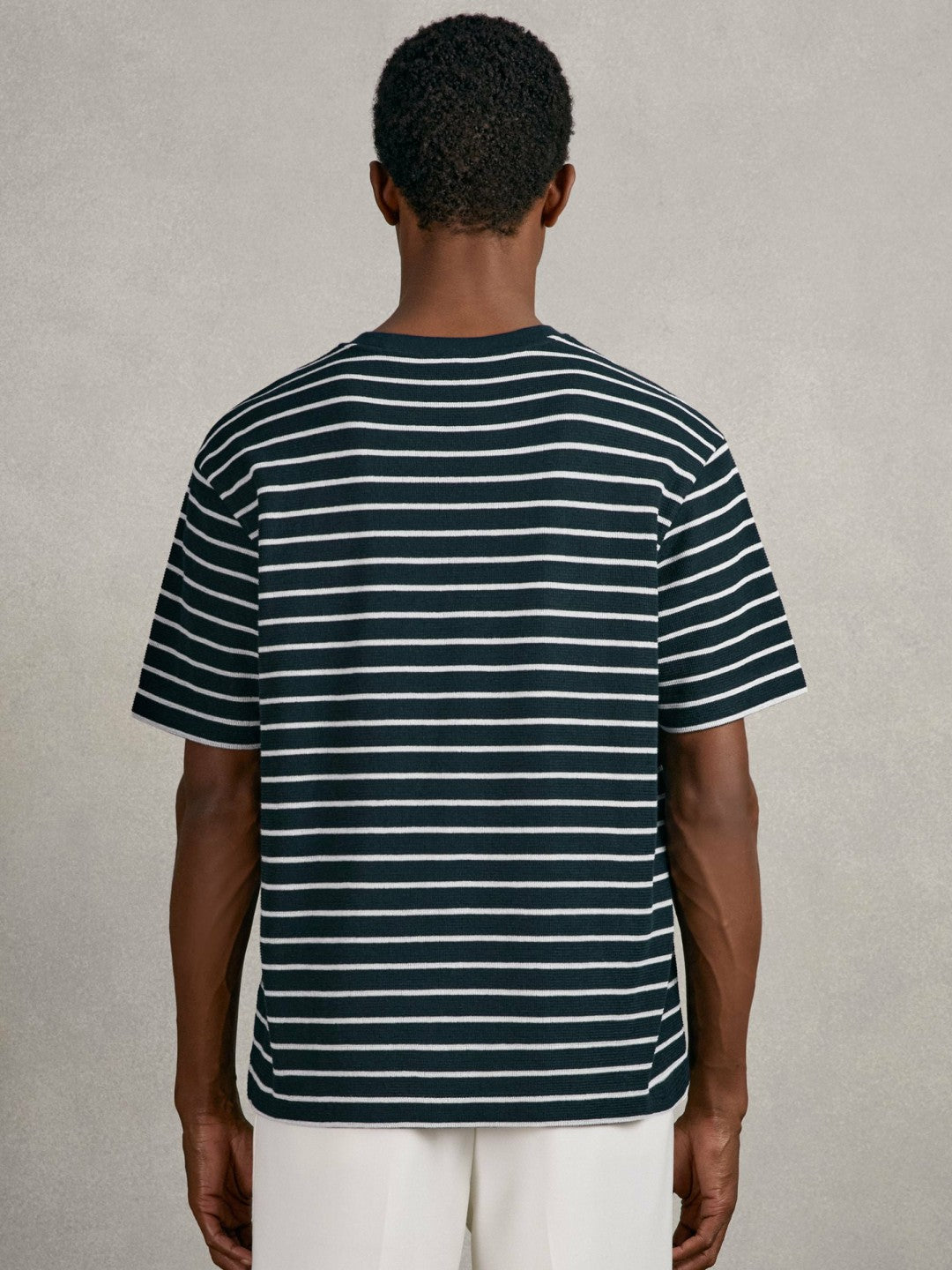Reiss Cotton Textured Stripe T-Shirt in White/Navy