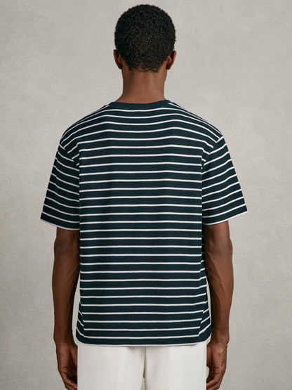 Reiss Cotton Textured Stripe T-Shirt in White/Navy