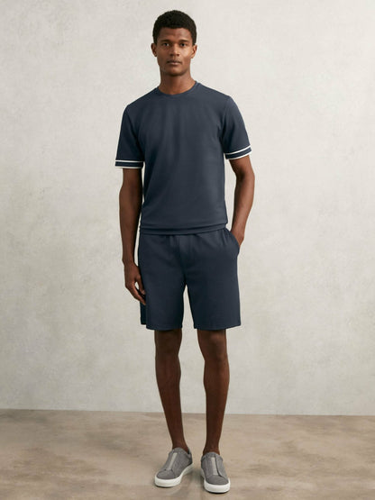 Reiss Textured Crew-Neck Tipped T-Shirt in Airforce Blue