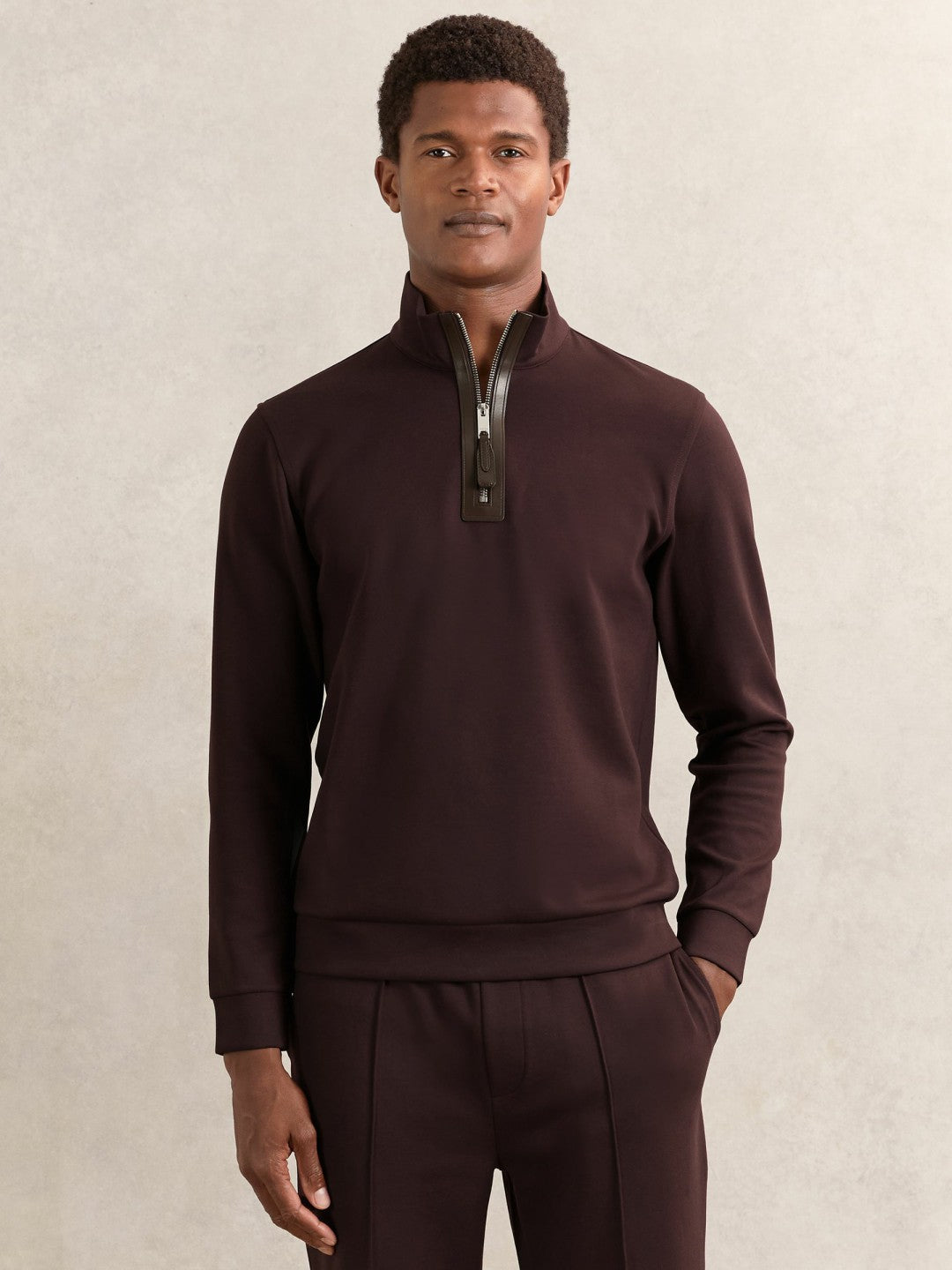 Reiss Leather-Placket Interlock Sweatshirt in Cherry Red