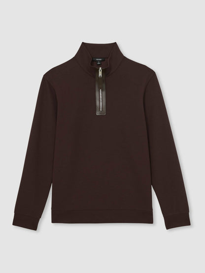 Reiss Leather-Placket Interlock Sweatshirt in Cherry Red