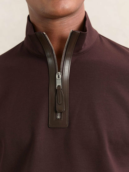 Reiss Leather-Placket Interlock Sweatshirt in Cherry Red