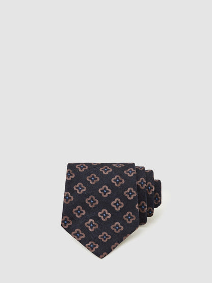 Reiss Silk-Wool Floral-Medallion Tie in Navy