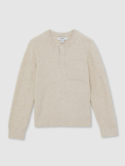 Reiss 13-14 yrs Cotton-Blend Rib-Knit Henley Top in Oatmeal Melange