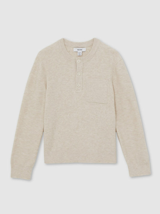 Reiss 13-14 yrs Cotton-Blend Rib-Knit Henley Top in Oatmeal Melange