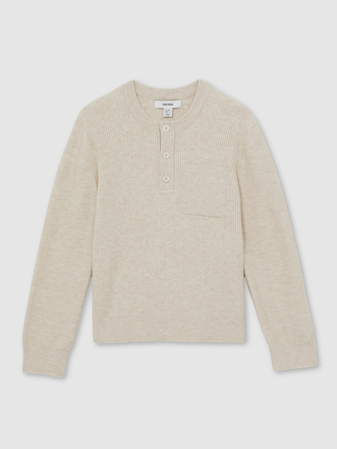 Reiss 3-9 yrs Cotton-Blend Rib-Knit Henley Top in Oatmeal Melange