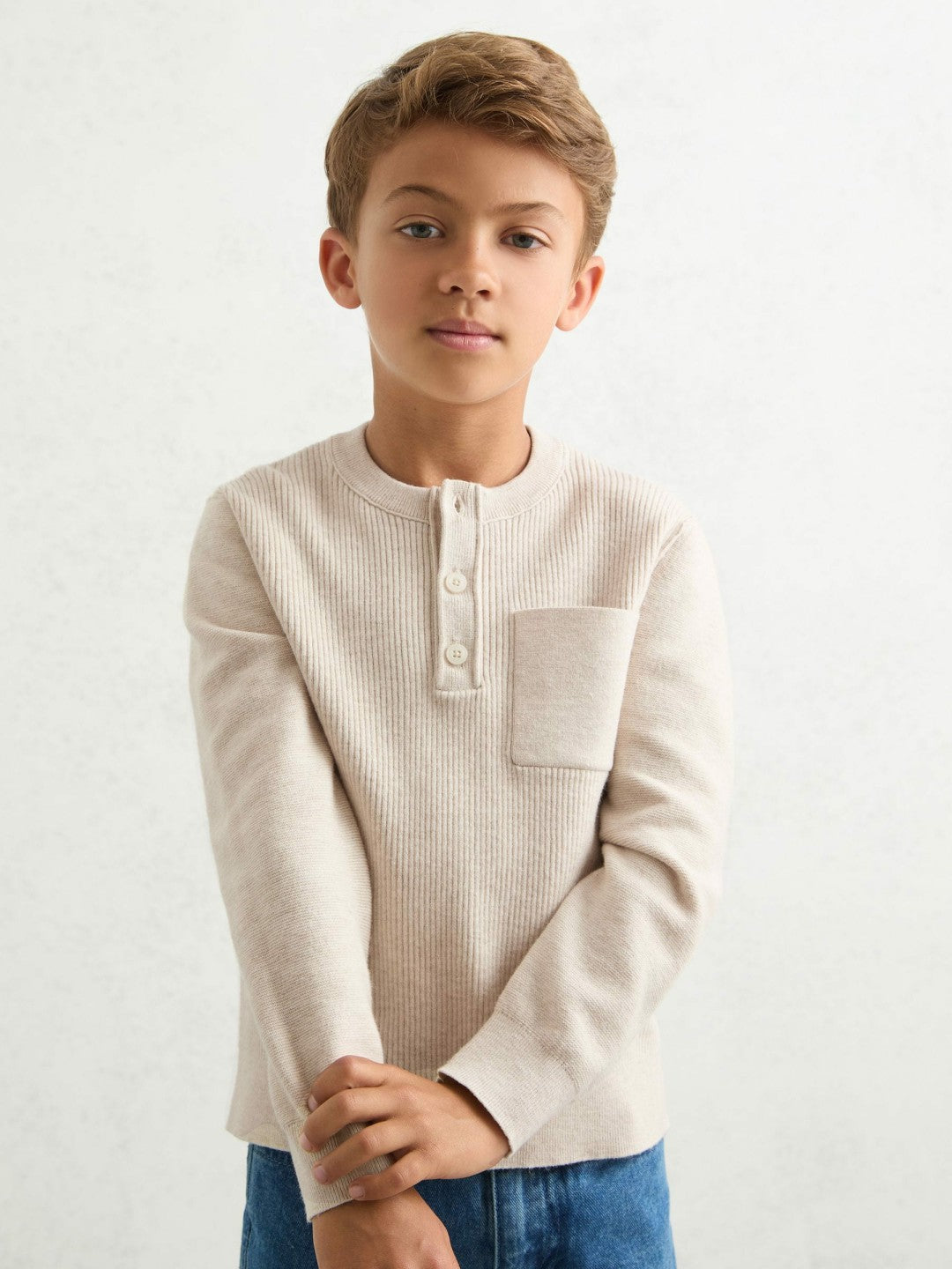 Reiss 3-9 yrs Cotton-Blend Rib-Knit Henley Top in Oatmeal Melange