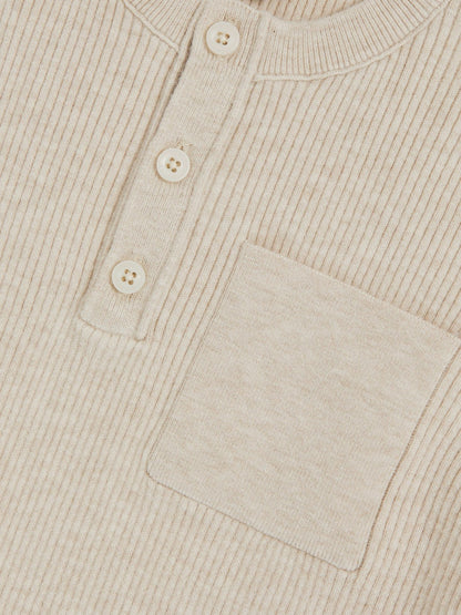 Reiss 3-9 yrs Cotton-Blend Rib-Knit Henley Top in Oatmeal Melange