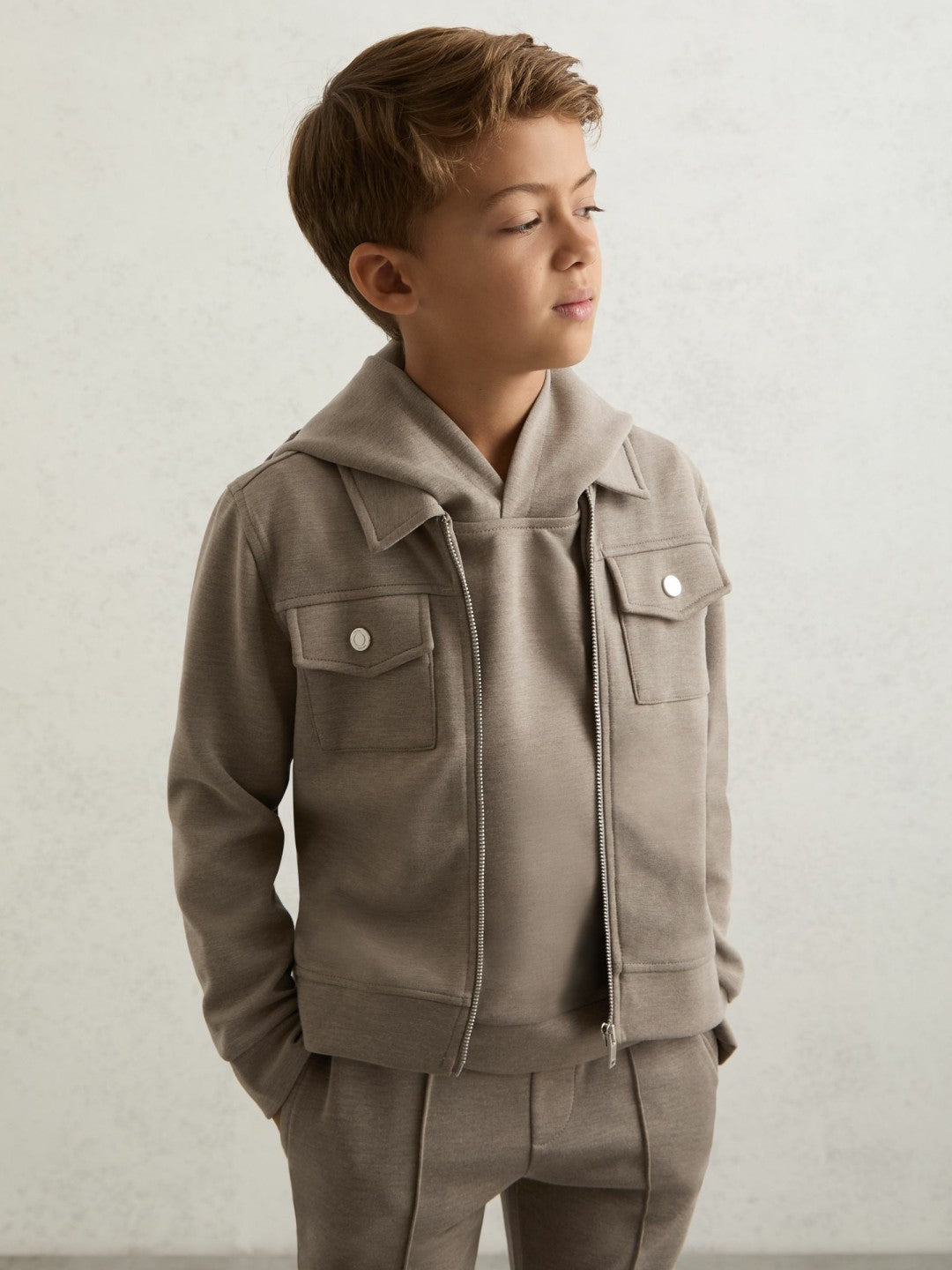 Reiss 3-9 yrs Interlock Zip-Through Overshirt in Taupe Brown