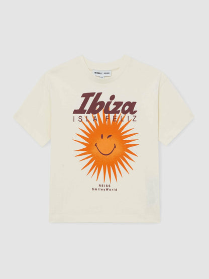 Reiss 9-13 yrs SmileyWorld Sun Motif T-Shirt in Off White
