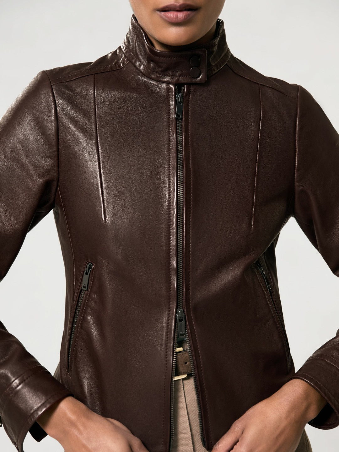 Reiss Fitted Leather Biker Jacket in Burgundy