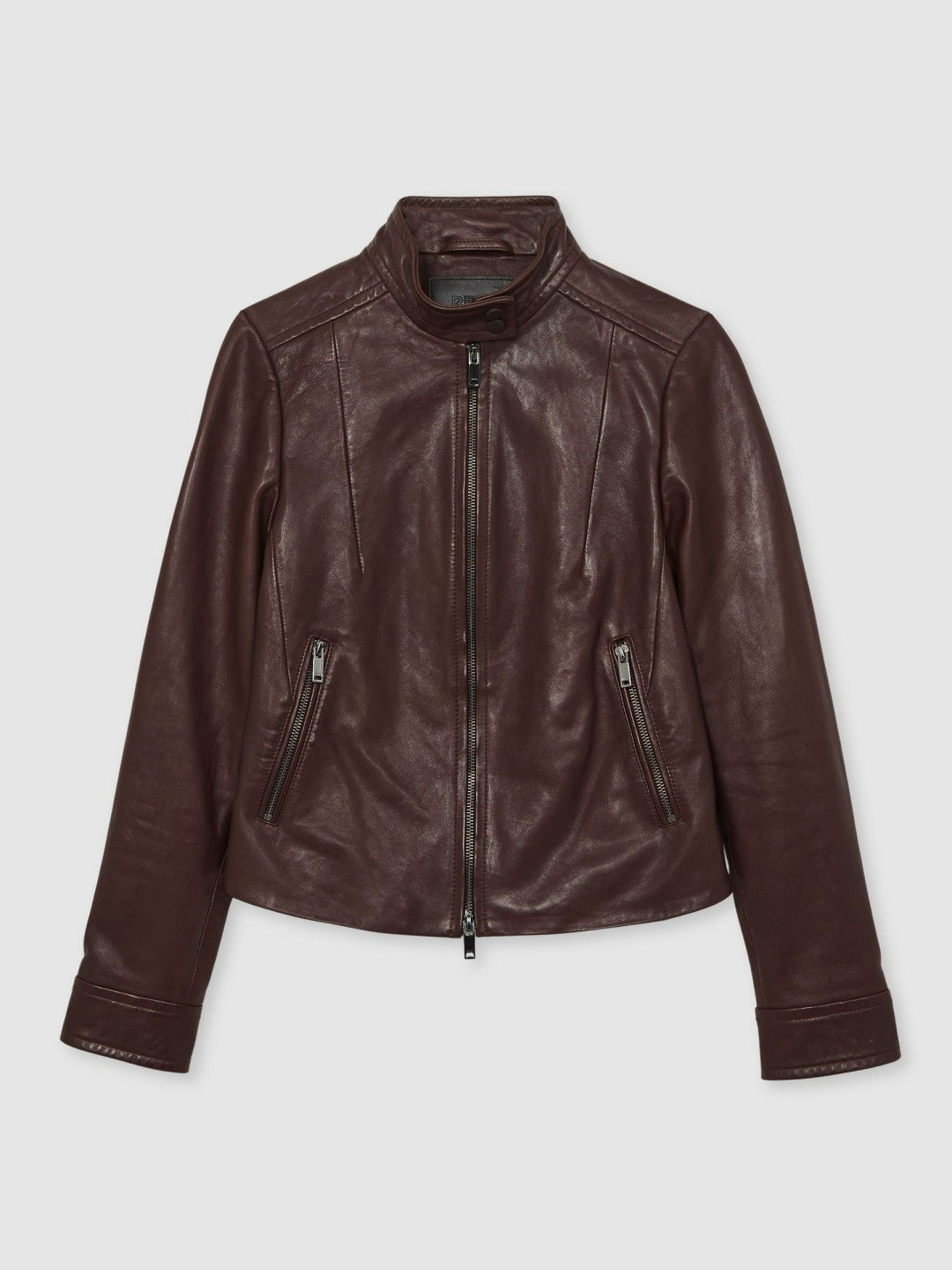Reiss Fitted Leather Biker Jacket in Burgundy