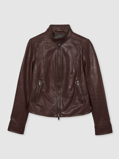 Reiss Fitted Leather Biker Jacket in Burgundy