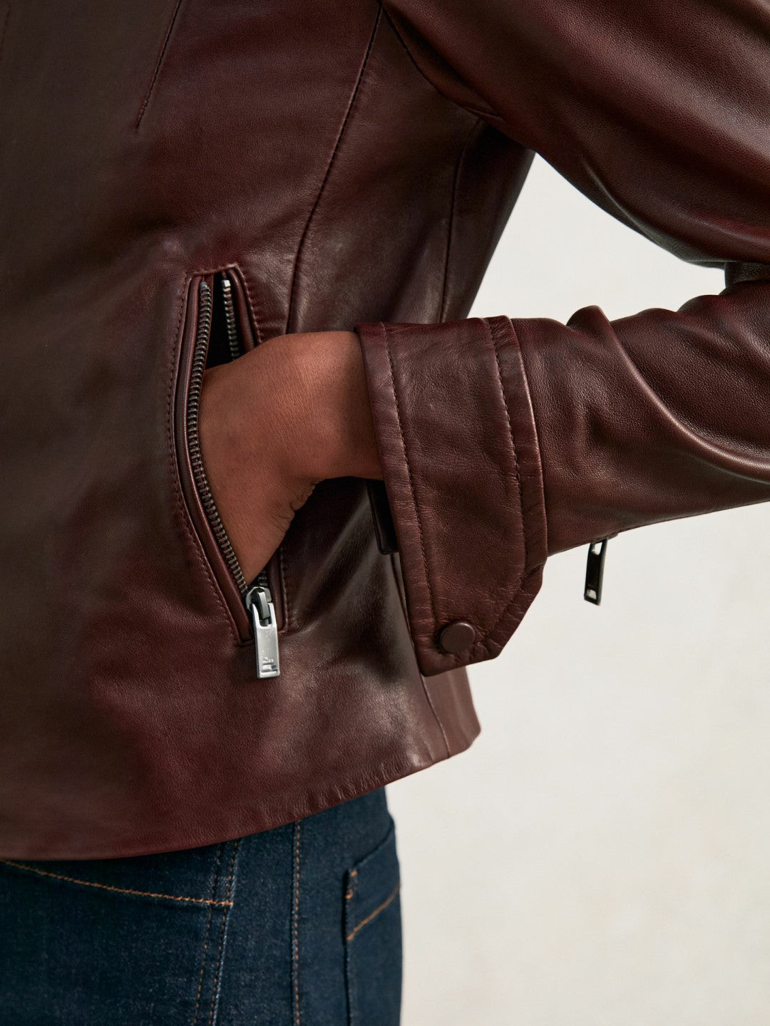 Reiss Fitted Leather Biker Jacket in Burgundy