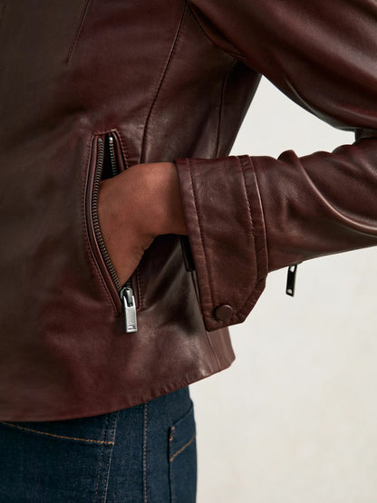 Reiss Fitted Leather Biker Jacket in Burgundy