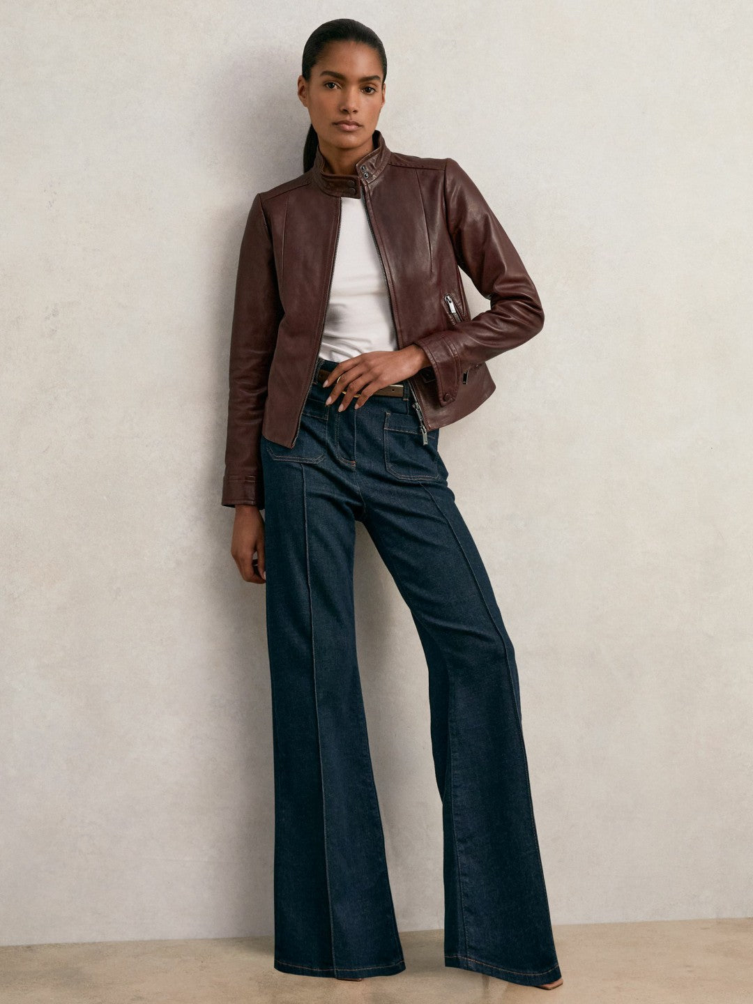 Reiss Fitted Leather Biker Jacket in Burgundy