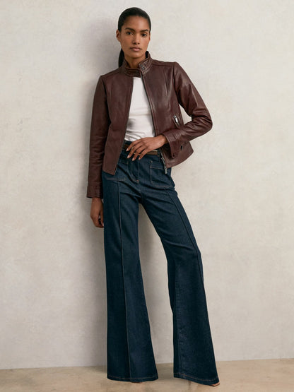 Reiss Fitted Leather Biker Jacket in Burgundy