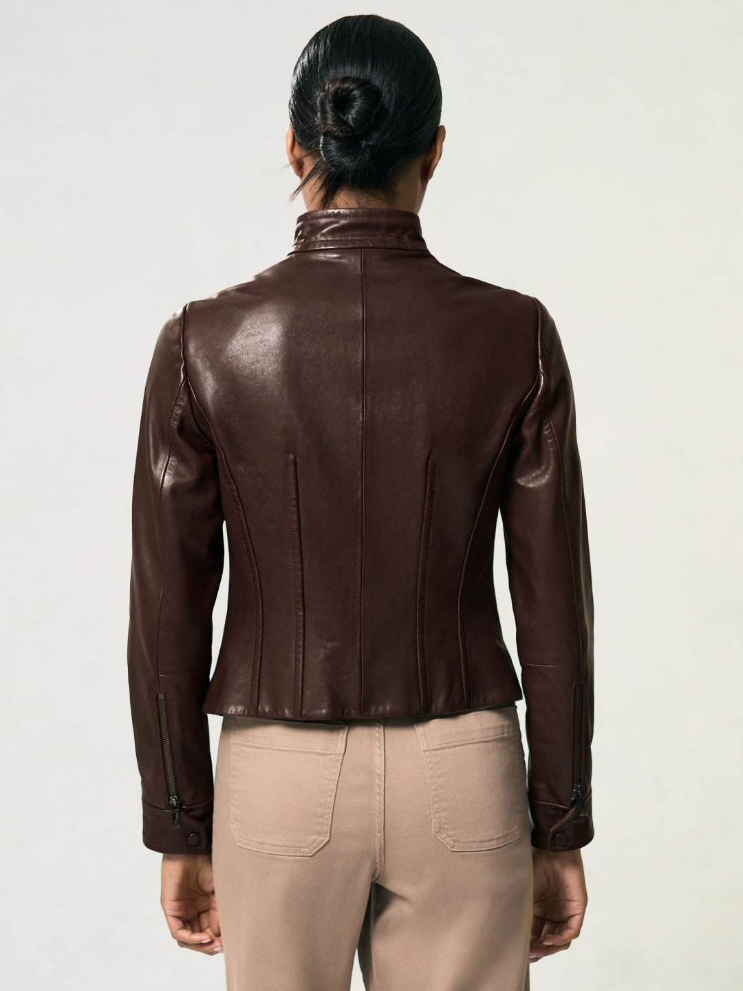 Reiss Fitted Leather Biker Jacket in Burgundy