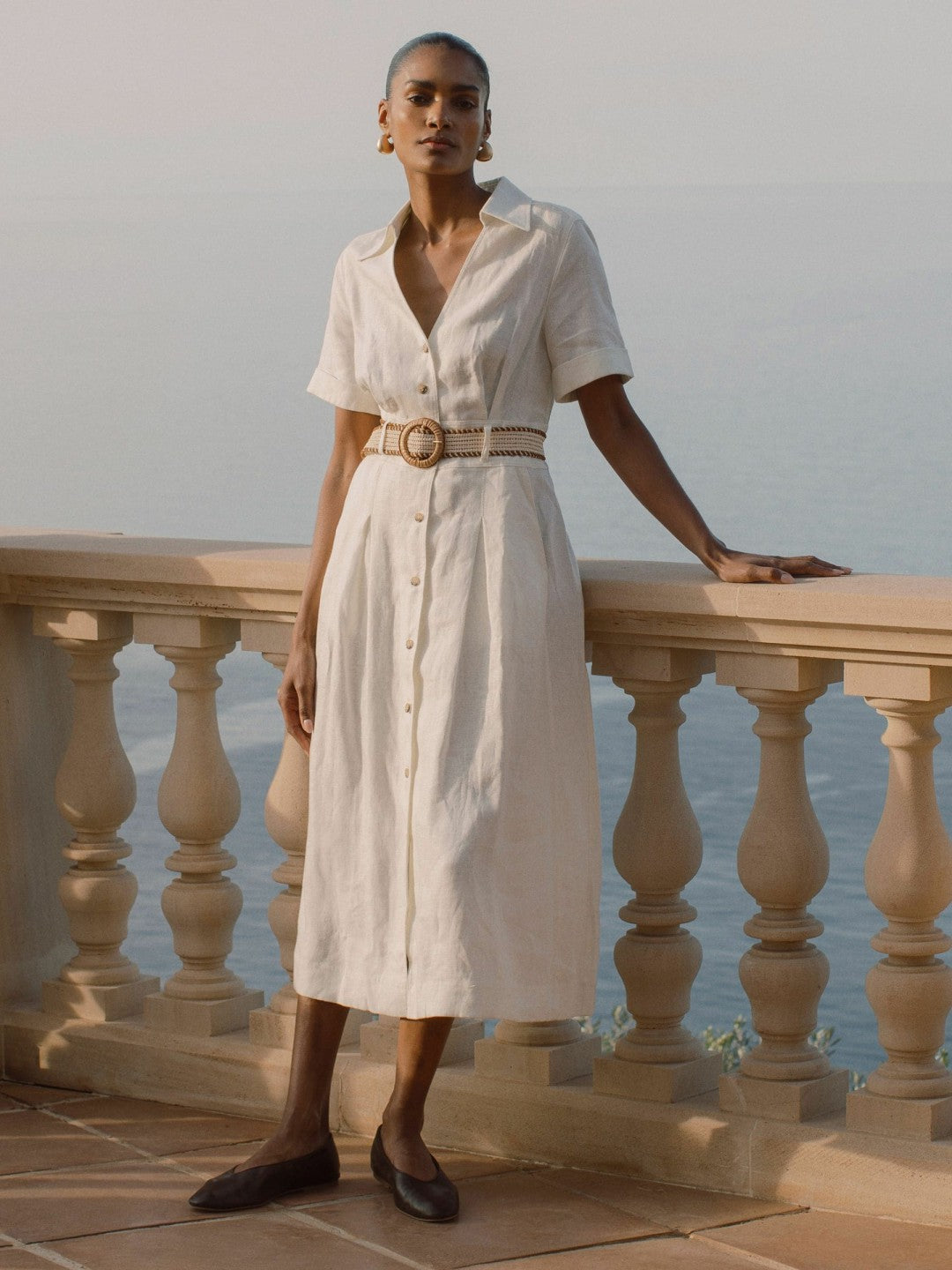 Reiss Petite Linen Belted Midi Shirt Dress in Ivory