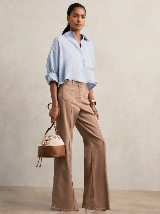 Reiss Oversize Linen Cropped Shirt in Blue