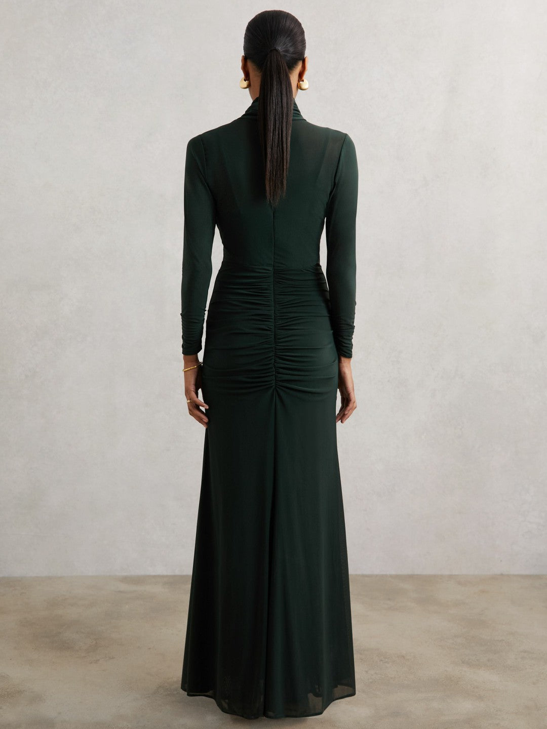 Reiss Ruched Long-Sleeve Maxi Dress in Dark Green