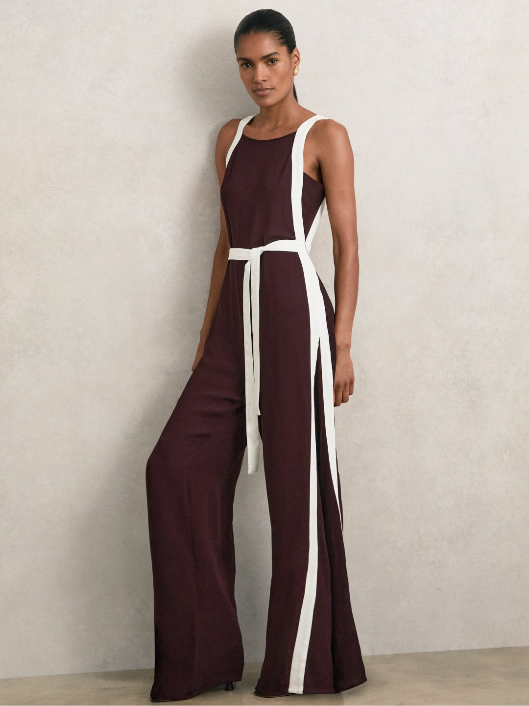 Reiss Colourblock Wide Leg Belted Jumpsuit in Burgundy/Cream