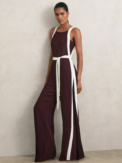 Reiss Colourblock Wide Leg Belted Jumpsuit in Burgundy/Cream