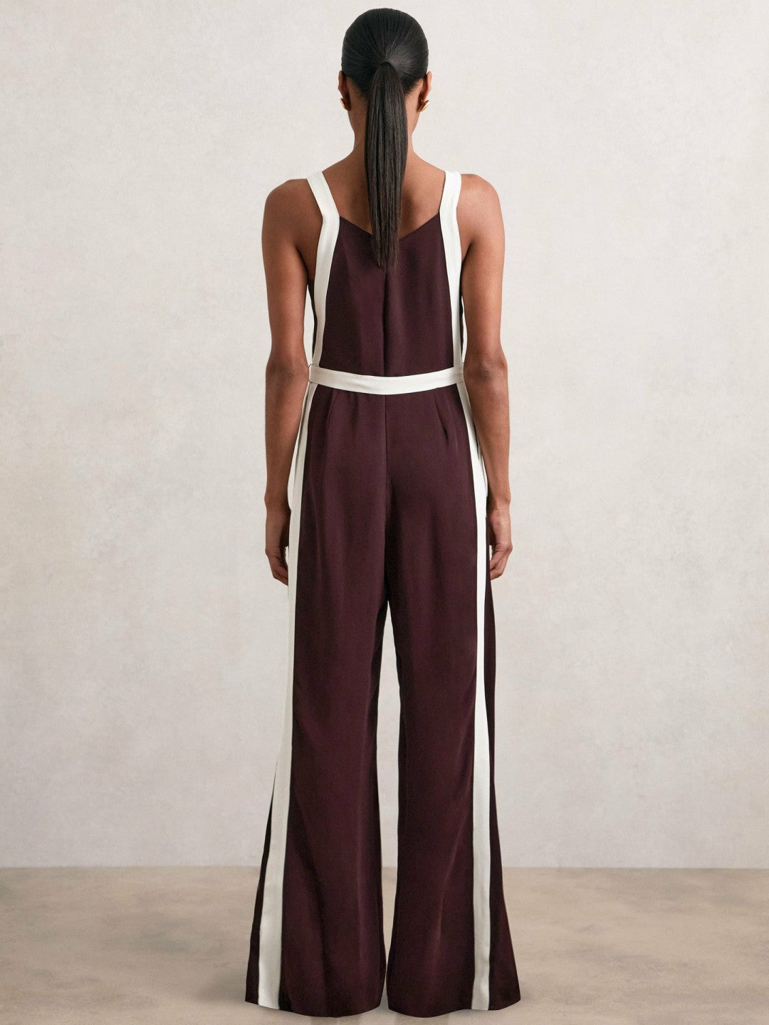 Reiss Colourblock Wide Leg Belted Jumpsuit in Burgundy/Cream