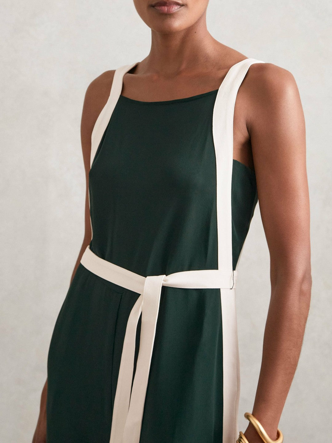 Reiss Colourblock Wide Leg Belted Jumpsuit in Dark Green/Cream